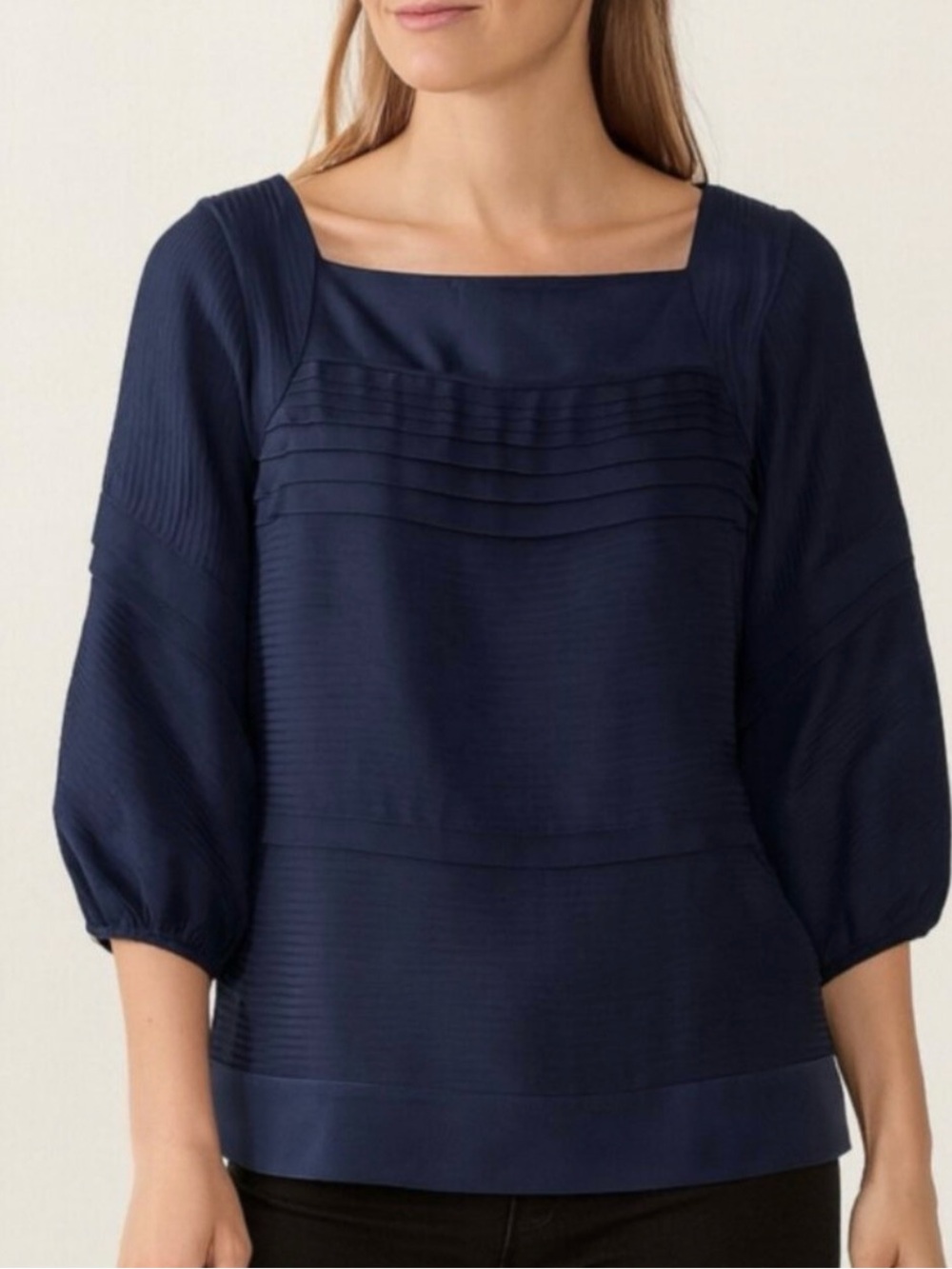Diane Von Furstenberg Women's Navy Square-Neck Pintuck Blouse